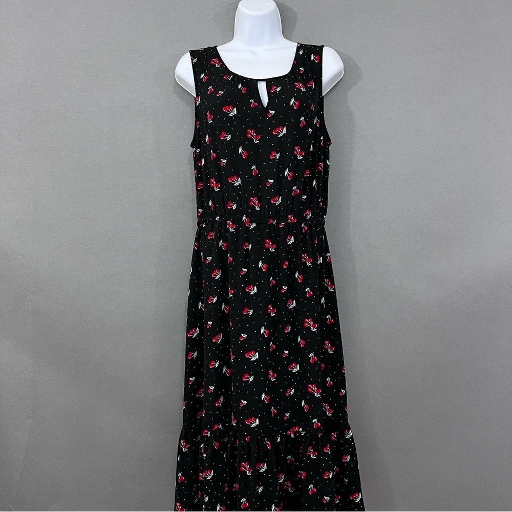 Talbots Black Red Cherry Print Sleeveless Midi Dress